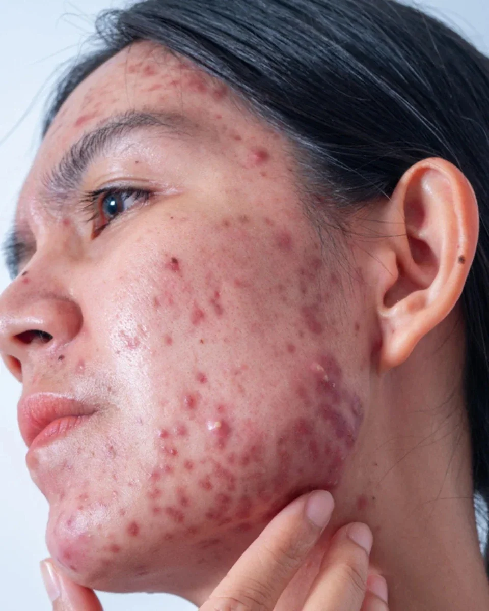 Woman applying skincare serum to her face